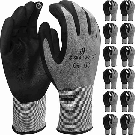 I9 ESSENTIALS Micro Foam Nitrile Coated Work Gloves Touch-Screen Compatible, Black&Gray - LARGE, 12PK 100021